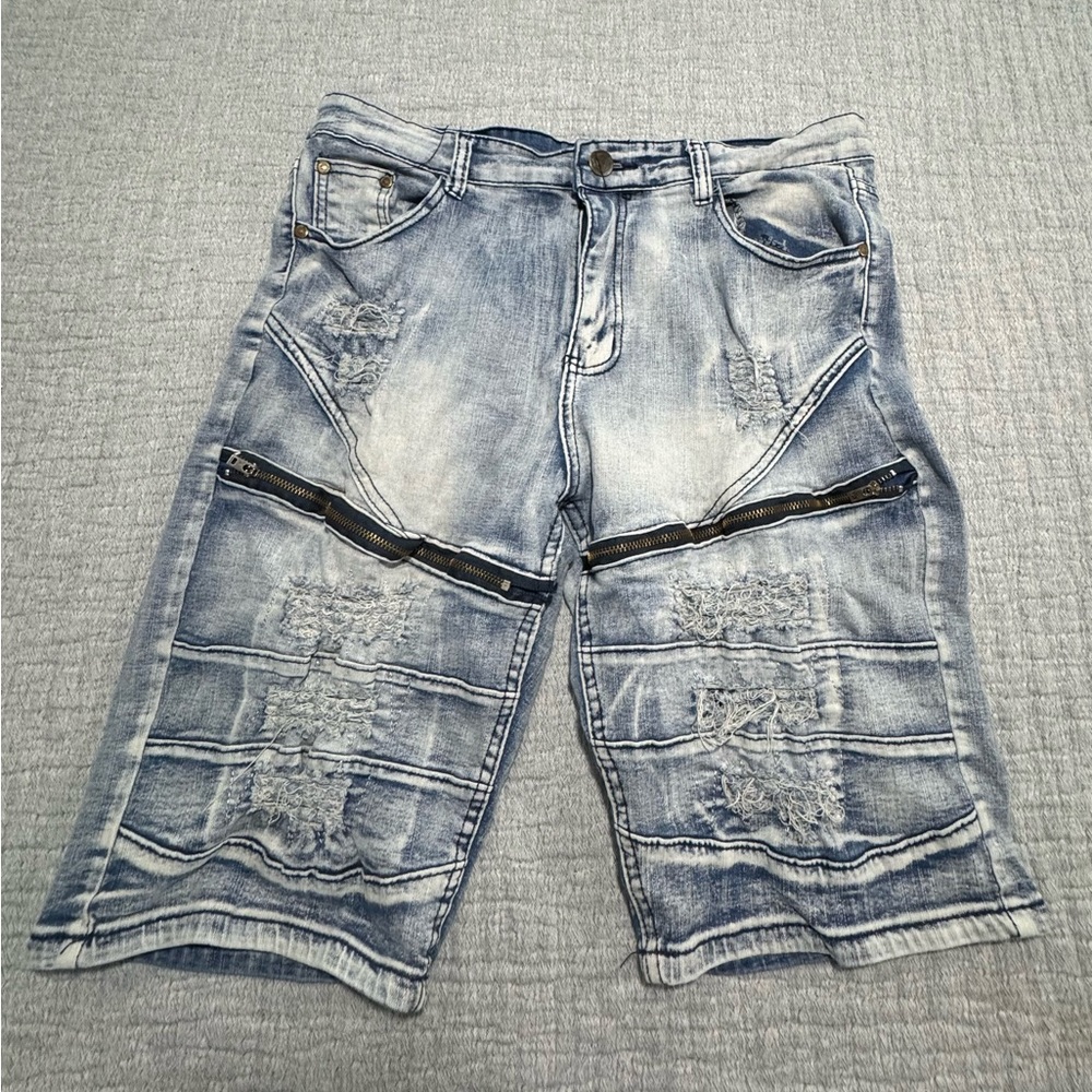 Encrypted Biker Shorts Mens 38 Acid Wash Thrashed Denim Distressed Ripped Zipper